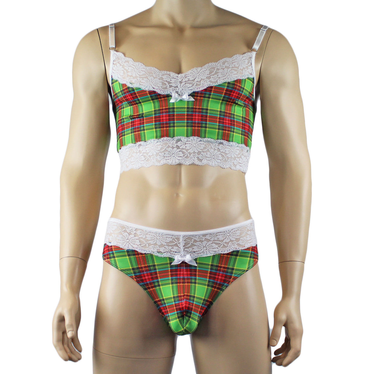 Mens Plaid Tartan Camisole Top & High Waist Thong Green and Red