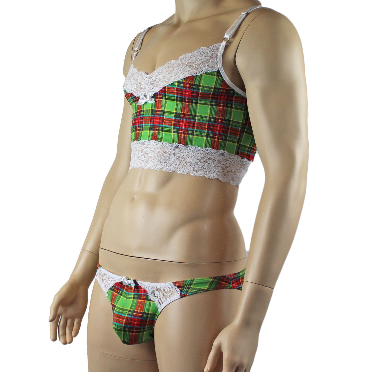 Mens Plaid Tartan Camisole Top & Low Rise Bikini Brief Green and Red