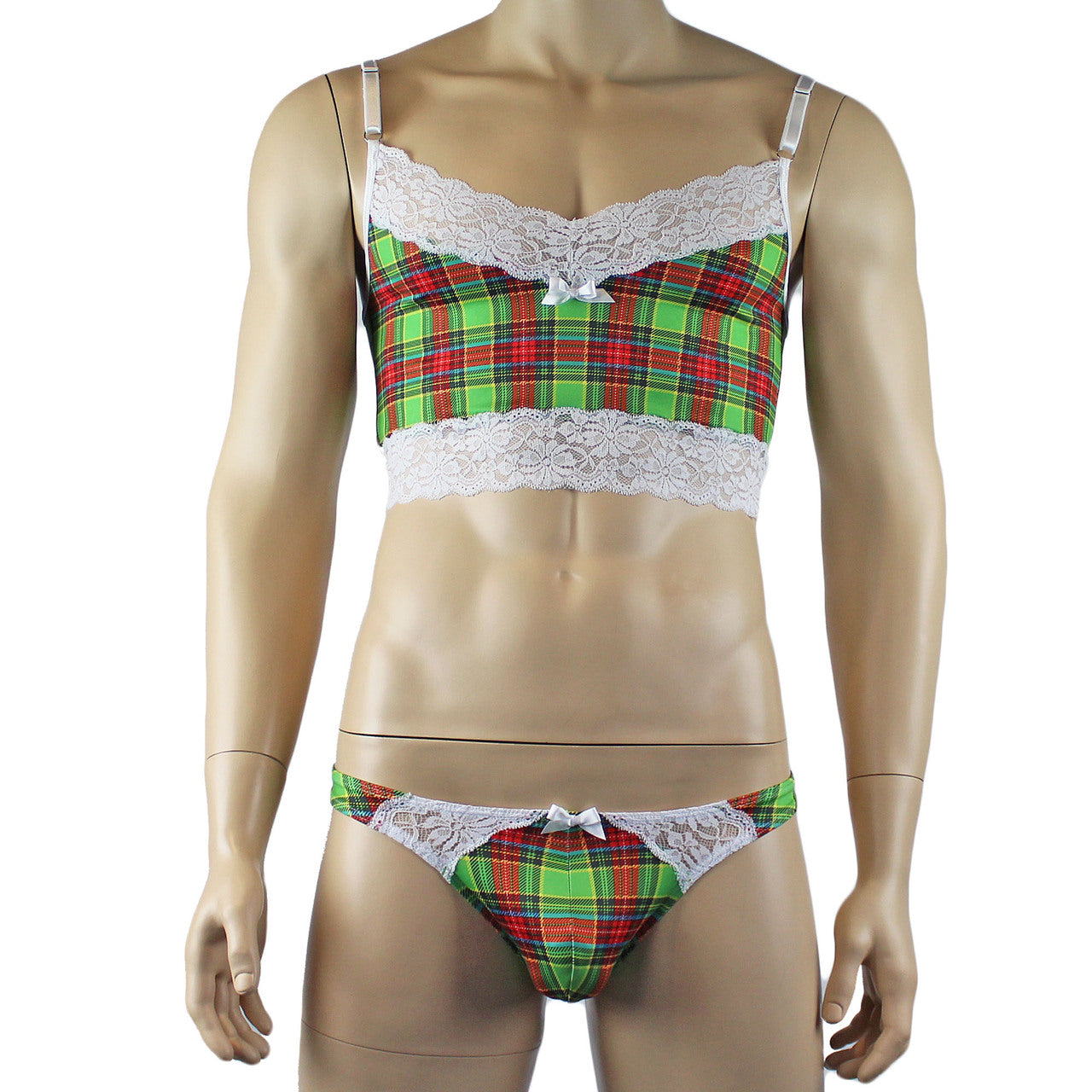 Mens Plaid Tartan Camisole Top & Low Rise Bikini Brief Green and Red