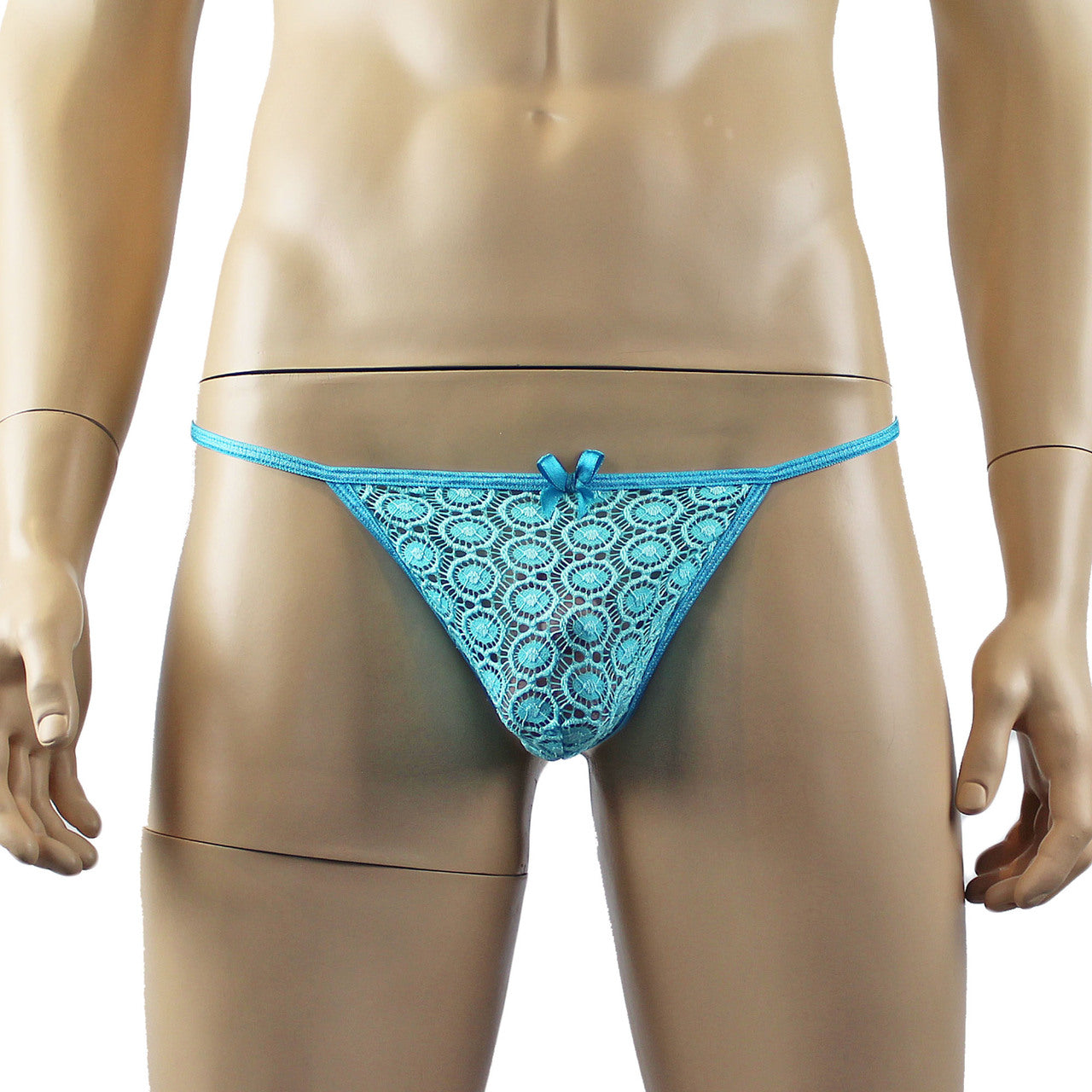 Mens Tease Circle Lace Pouch G string with Cute Bow Front Aqua