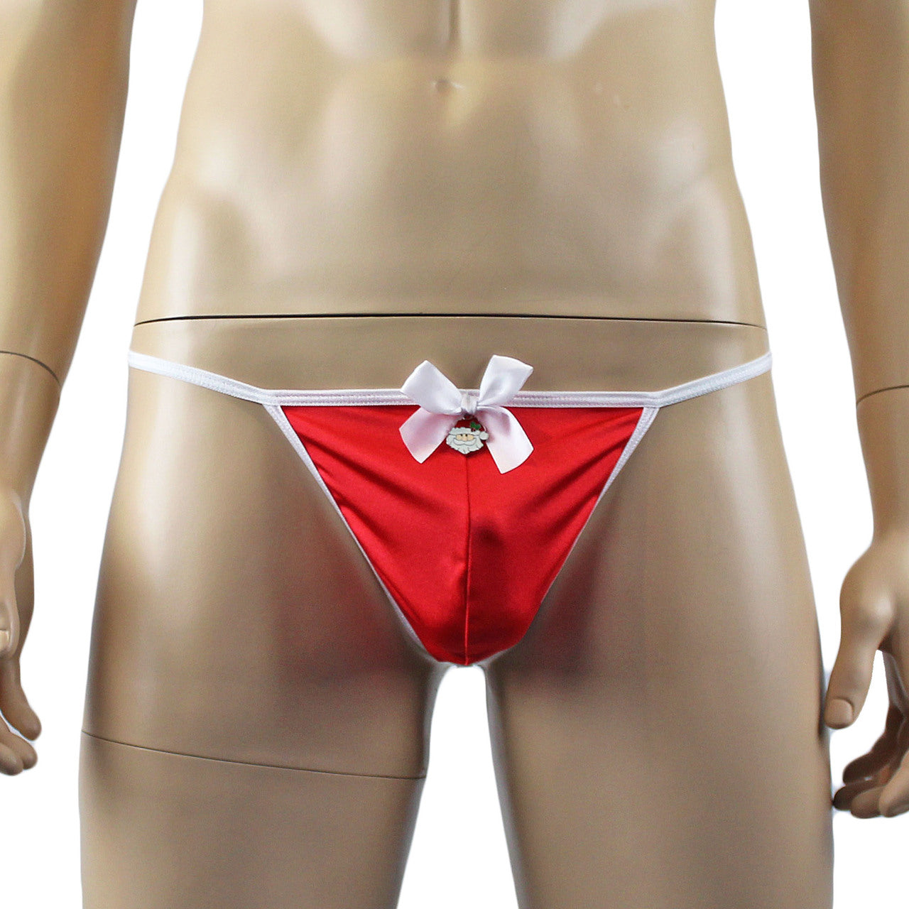 Mens Xmas Stretch Spandex Pouch G string with Bow & Santa Red and White