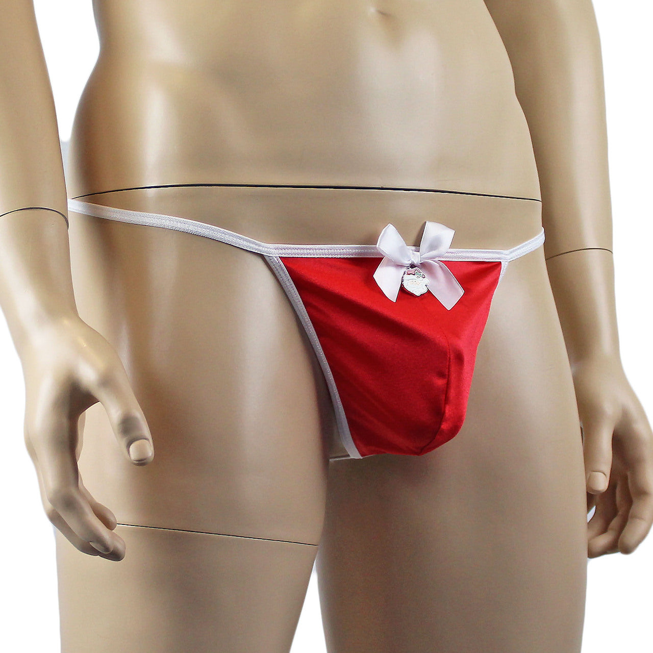 Mens Xmas Stretch Spandex Pouch G string with Bow & Santa Red and White